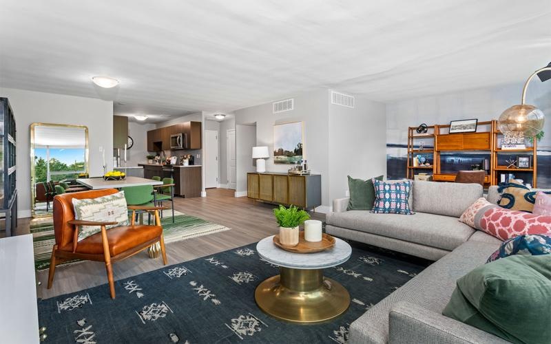 a living room with a couch and a table